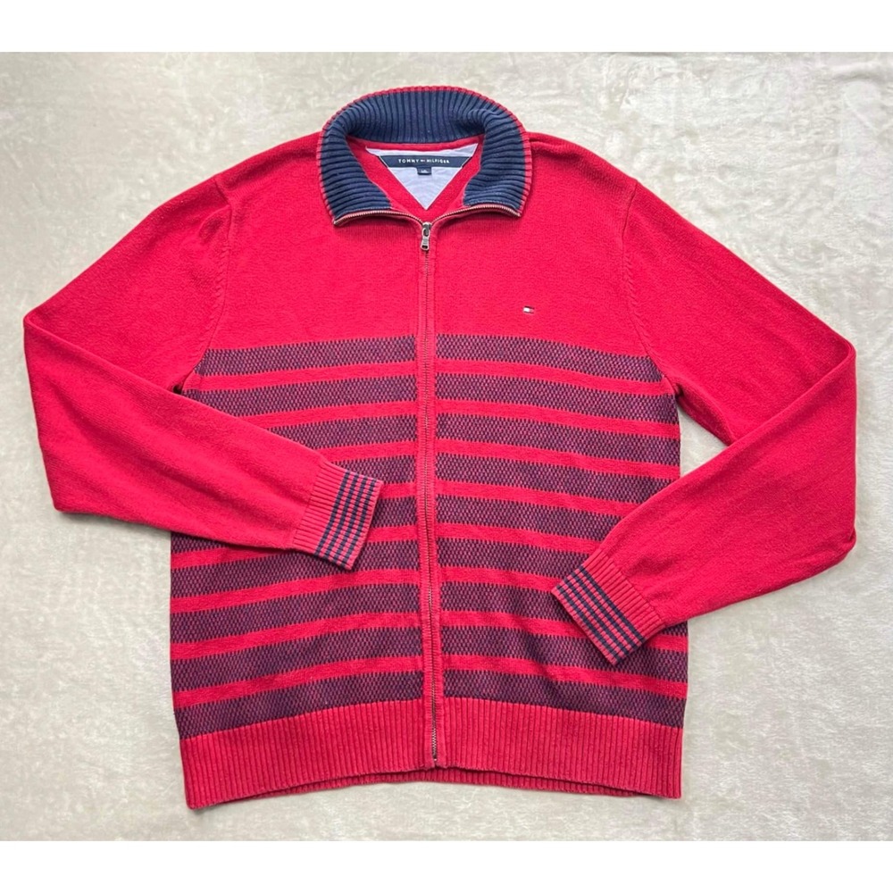 GUC Tommy Hilfiger Mens Red Navy Striped Full Zip Cotton Cardigan Sweater Size L